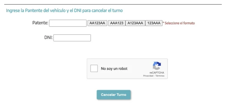 Pantalla para cancelar el turno de la VTV en Avellaneda con patente y DNI