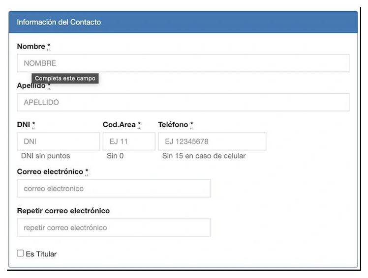 Paso 2 para sacar turno de la VTV en Avellaneda: información del contacto